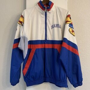 Vintage 1990s Starter NCAA Kansas Jayhawks 1/4 Zip Jacket Sz L White Blue Red